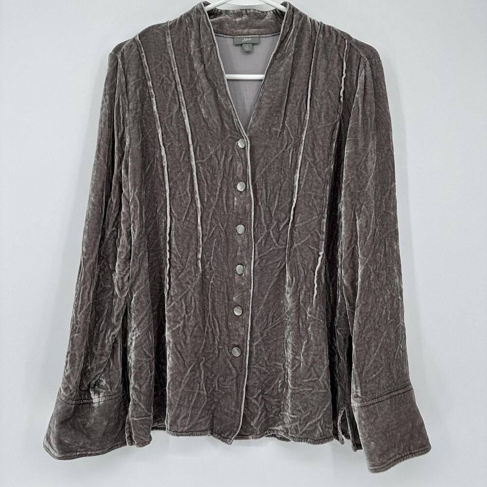 J Jill Shirt Womens Large Gray Crushed Velvet Button Front Bell Sleeve Top
